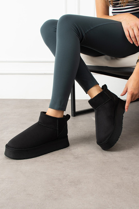 pasyone Siyah Kadın Kalın Taban Süet İçi Kürklü Şık Günlük Bot