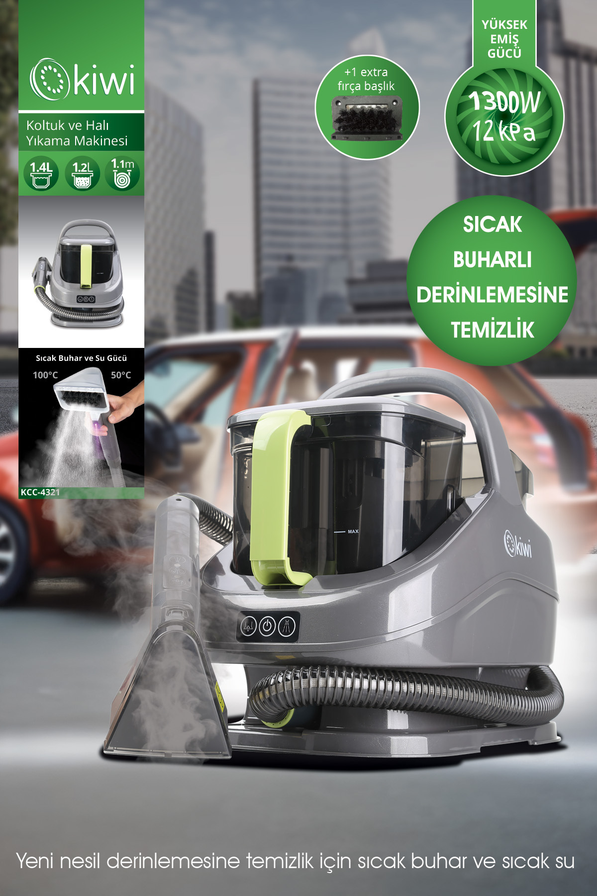 Kiwi Kcc-4321 Buharlı Koltuk ve Halı Yıkama Leke Çıkartma Makinesi Gri