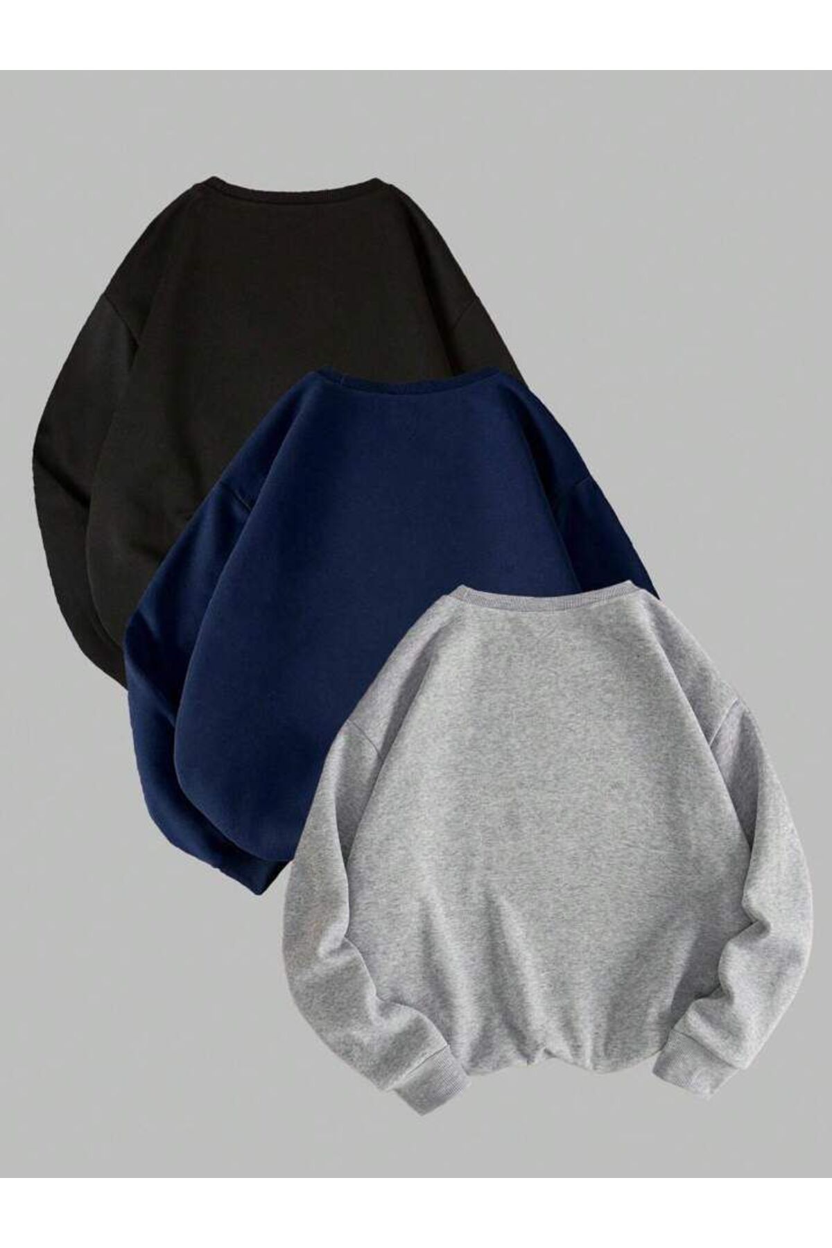 trendgar  Siyah Lacivert Gri 3Lu Bisiklet Yakalı Düz Sweatshirt - Görsel 2