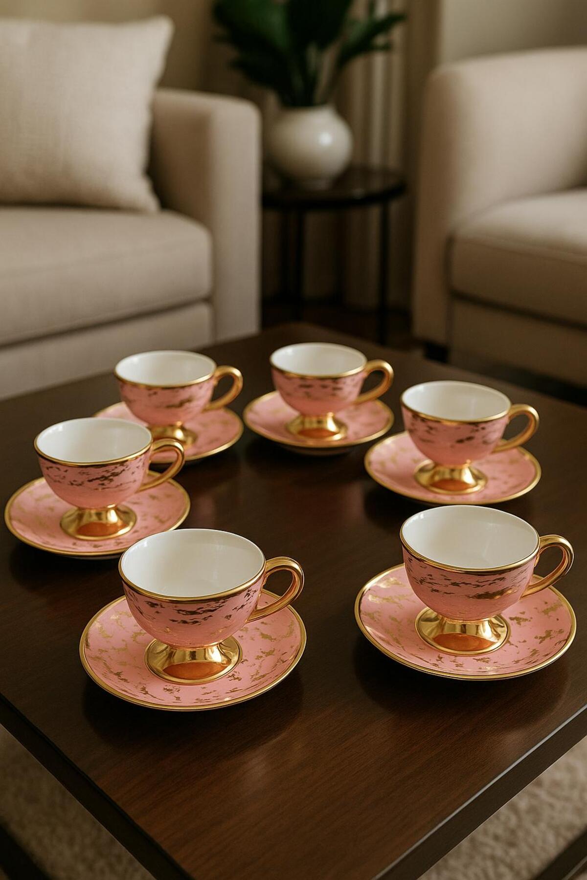 Kırmızı Beyaz Home Pembe Gold Desenli Lüks 6’lı Porselen Kahve Fincan ...