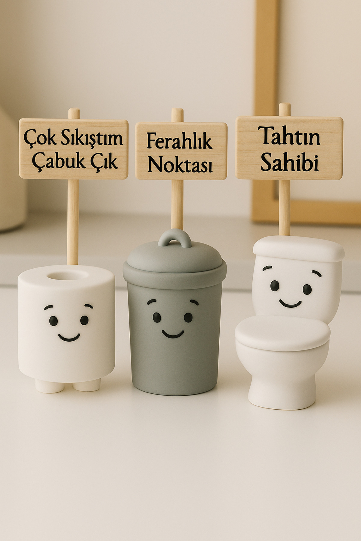 3D Stuff Banyo & WC Temalı Mizahi Tabelalı Biblo Seti – 3 Parça