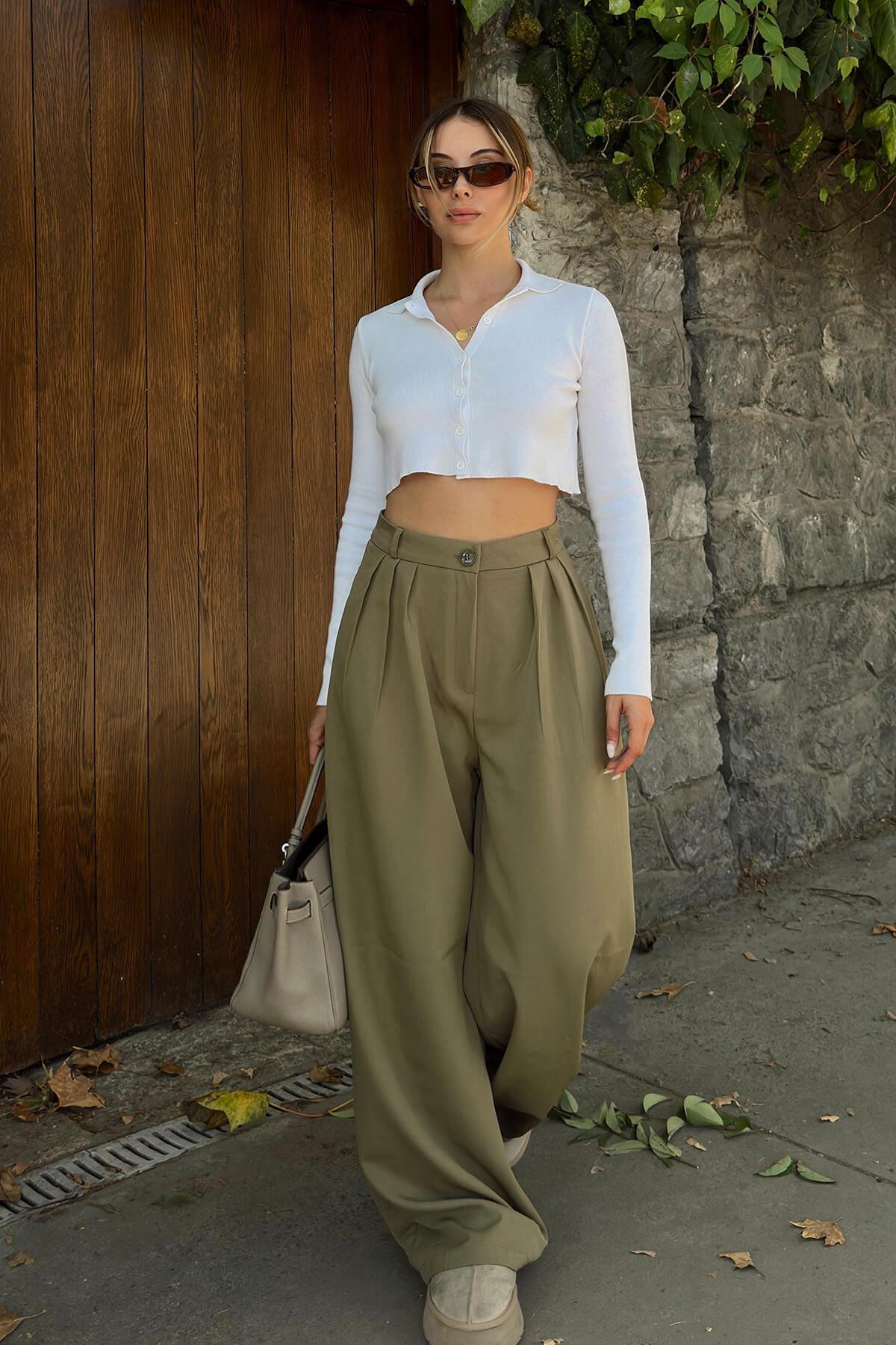 Swist  Haki 3 Pileli Yüksek Bel Cepli Bol Paça Kadın Palazzo Pantolon - Görsel 3