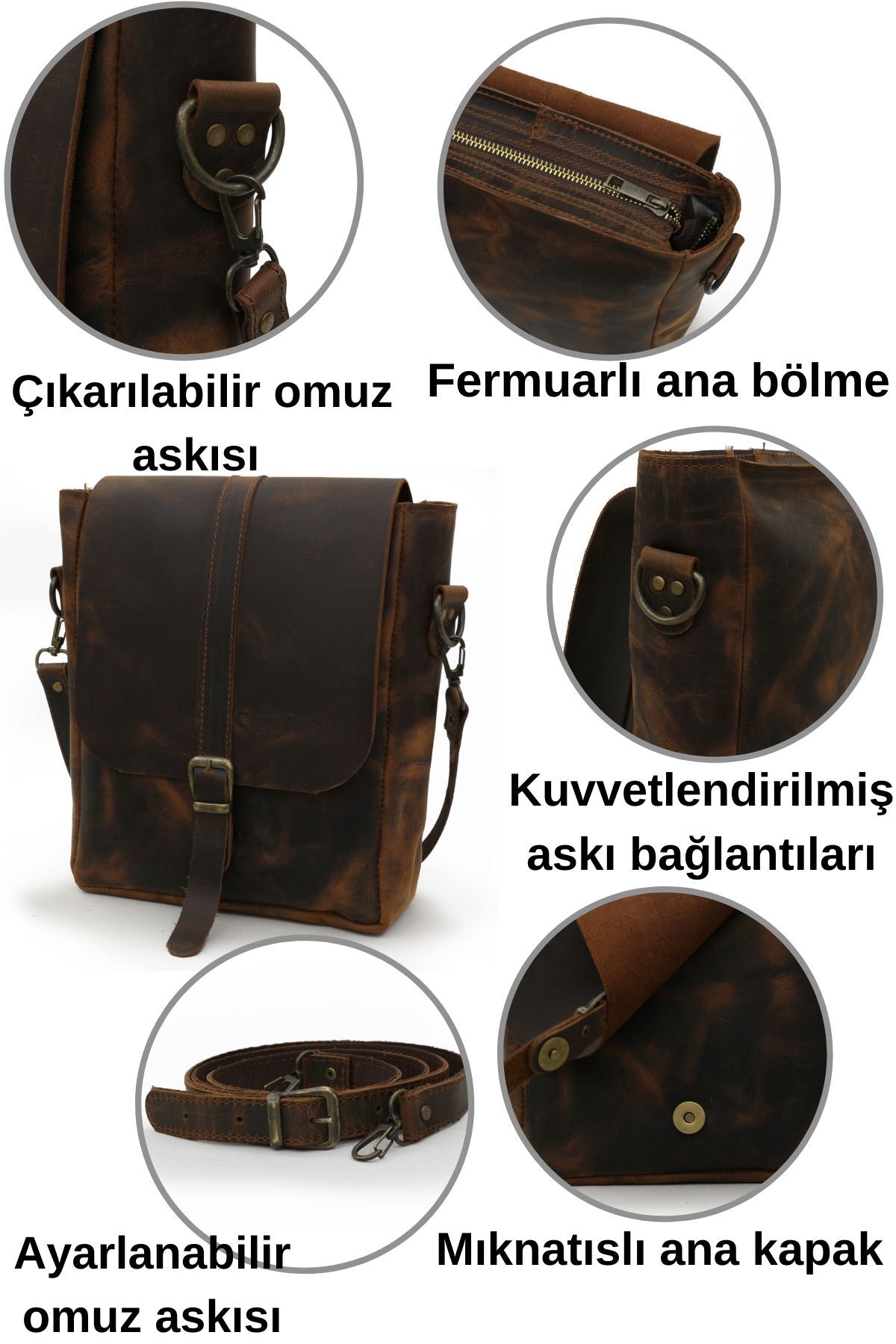 Cappadocia Vintage 6051 Kahverengi Hakiki Gerçek Deri El Yapımı Postacı Omuz Çapraz Askılı Çanta görsel 4