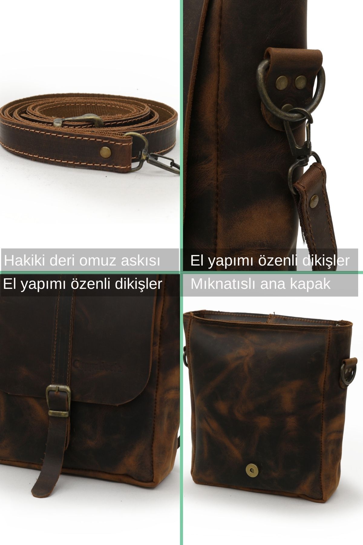 Cappadocia Vintage 6051 Kahverengi Hakiki Gerçek Deri El Yapımı Postacı Omuz Çapraz Askılı Çanta görsel 5