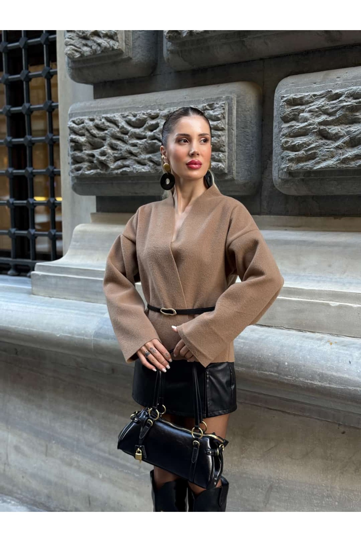 YK FASHION  Kaşe Kemerli Ceket - Görsel 5