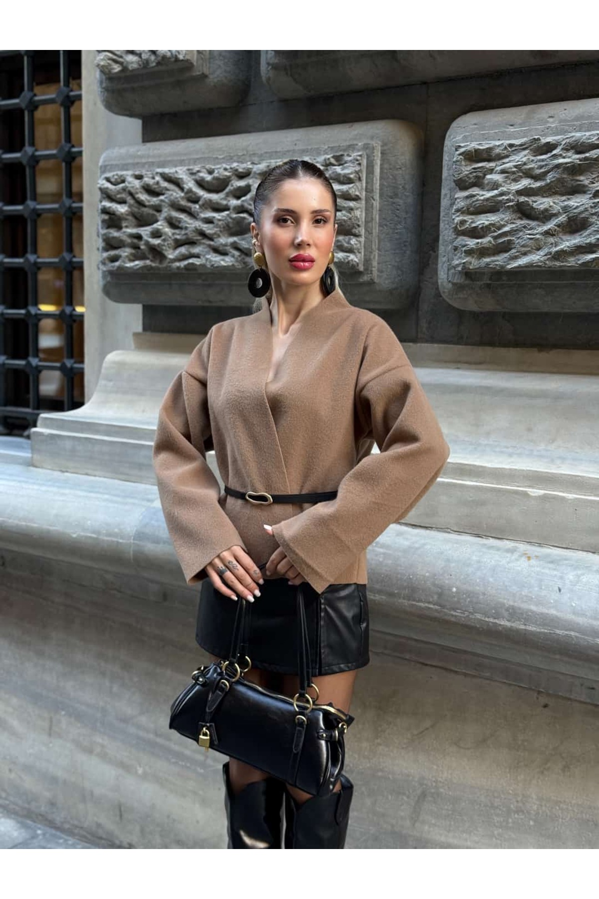 YK FASHION  Kaşe Kemerli Ceket - Görsel 4