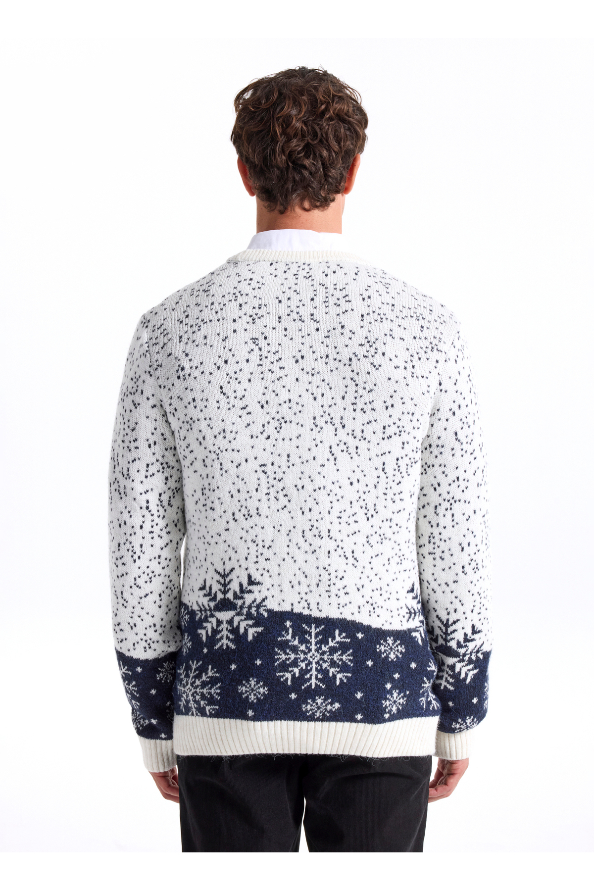 Fabrika Bisiklet Yaka Slim Fit Desenli Kırık Beyaz Erkek Kazak F5WM-KZK 2540 görsel 5