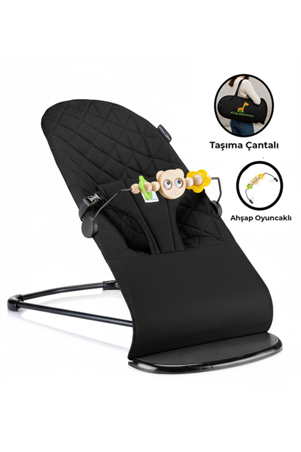 ATLAS BABY&CHILD Softino Ahşap Oyuncaklı Ana Kucağı | Katlanabilir, 3 Pozisyonlu, Sallanabilir, Çantalı
