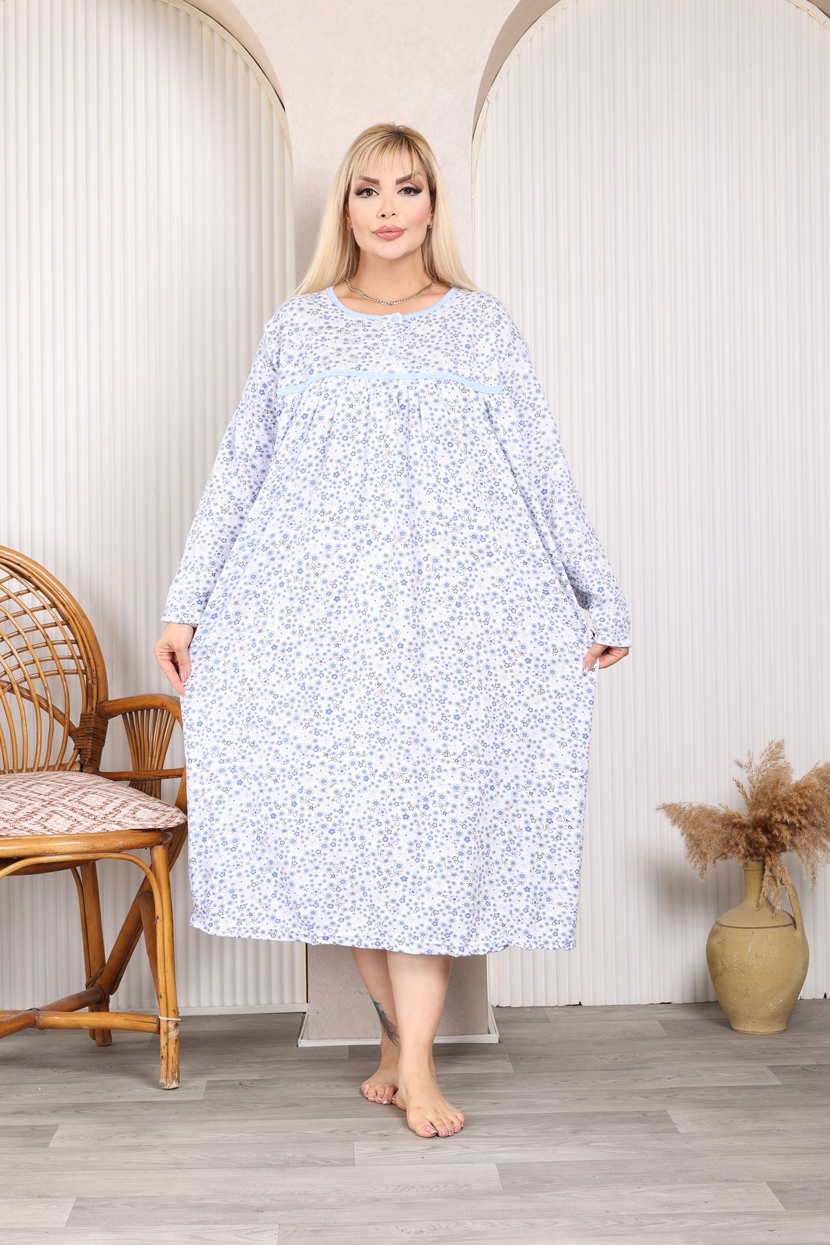 ZBTEKS Büyük Beden Bol Kesim Kışlık Şardonlu Pamuklu Anne Gecelik (130 KİLOYA KADAR UYGUNDUR)