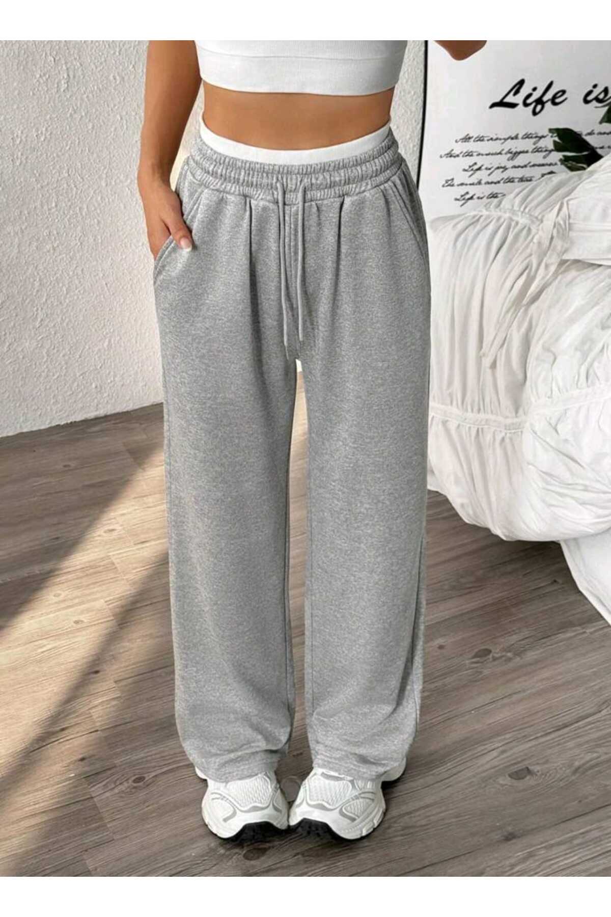 sionnes Ženske sive široke hlače Široke nogavice sa elastičnim strukom, udobn...