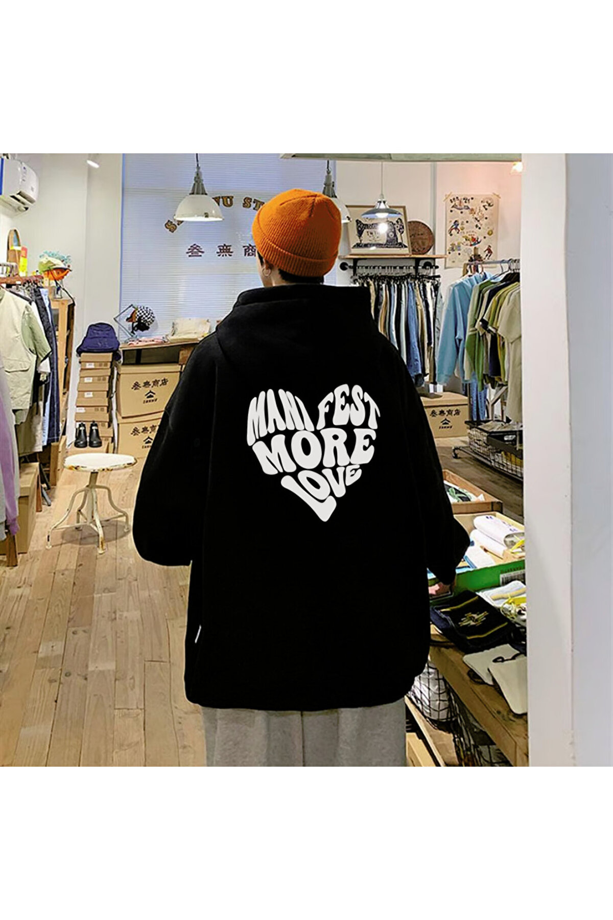 Le Savu Manifest More Love Printed Black Color Hooded Sweatshirt