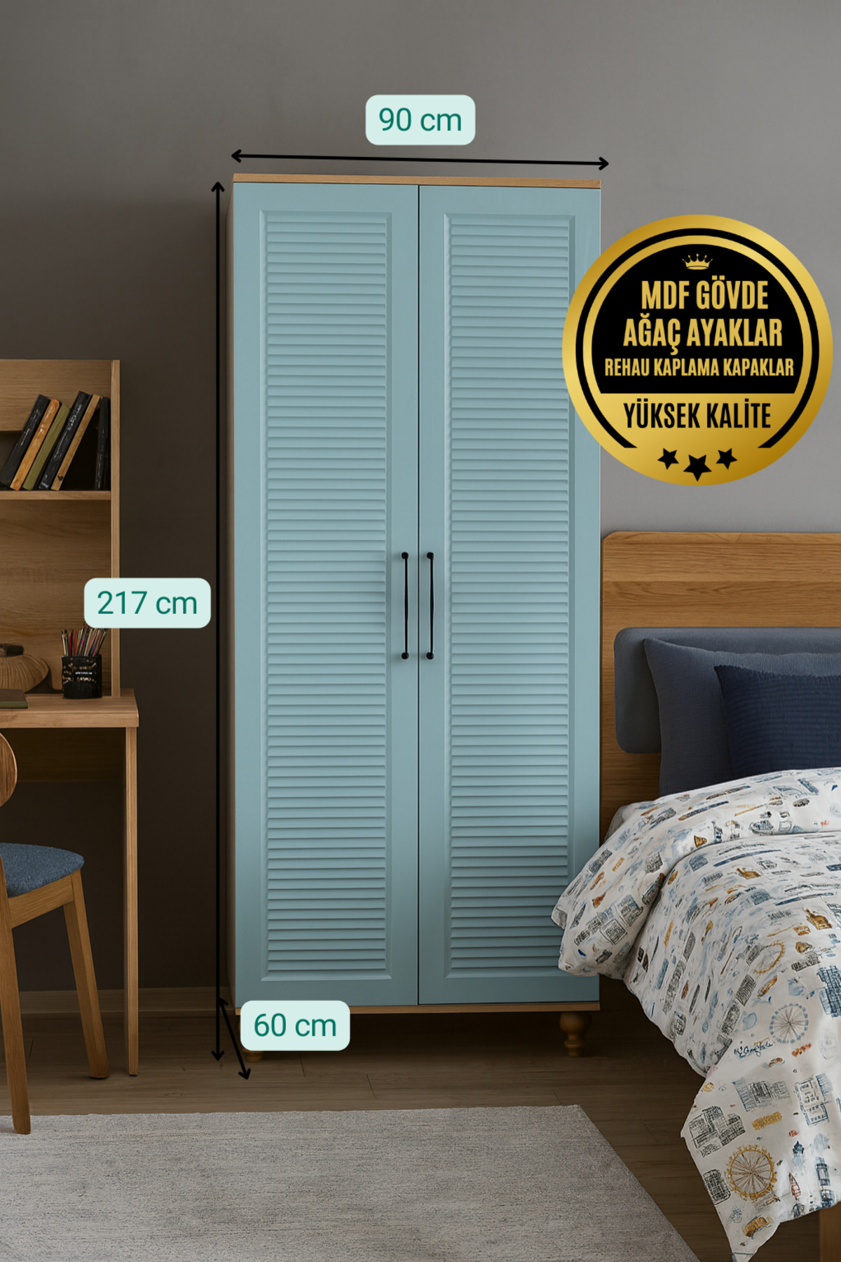 arionkids Mavi Dolap 2 Kapaklı-Çekmeceli | %100 MDF | REHAU Kaplama Kapaklar | Çekmeceli | Ağaç Ayaklar fotoğrafı 2 (önizleme)