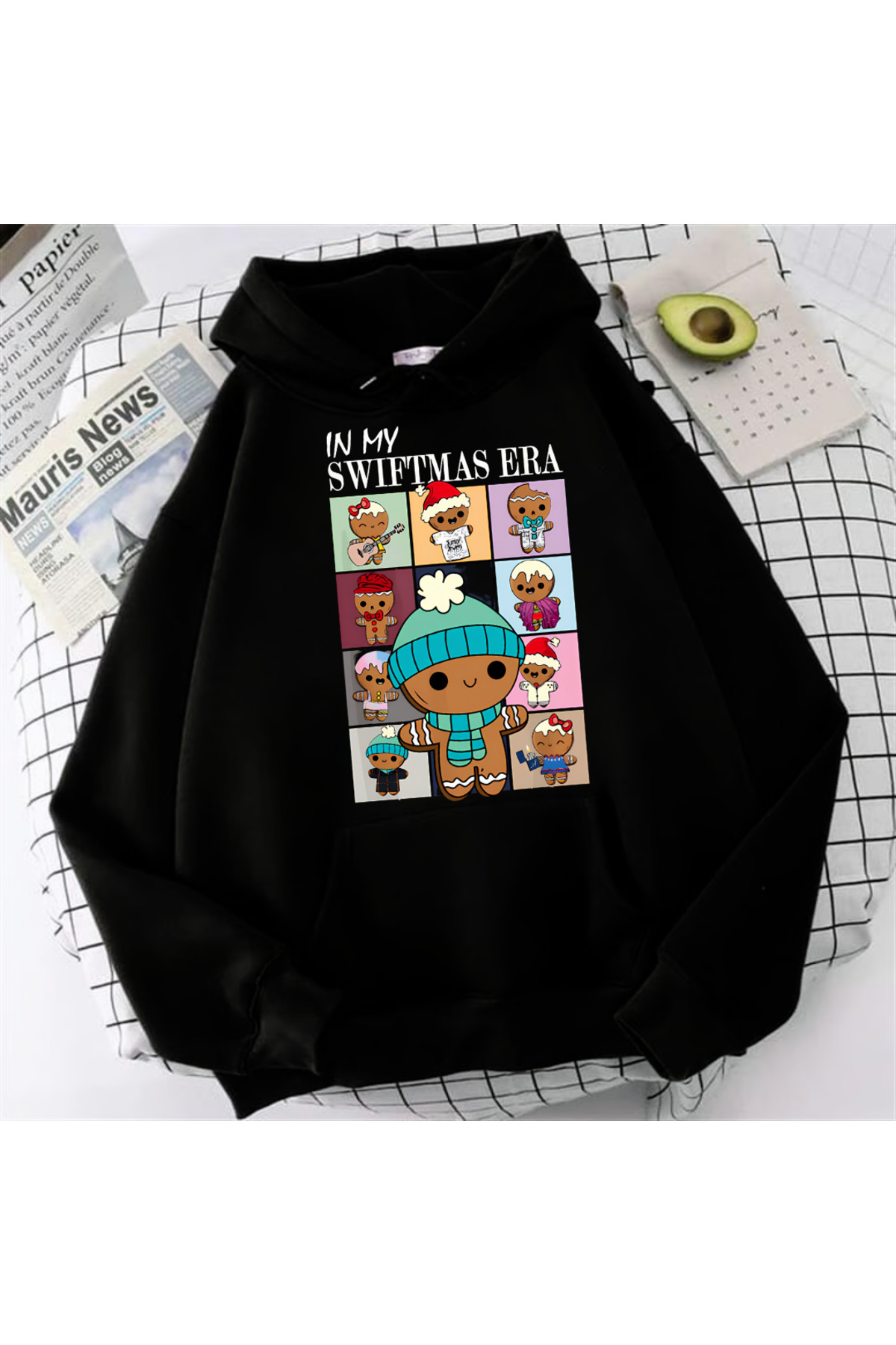 Le Savu In My Swiftmas Era Printed Black Color Hooded Sweatshirt