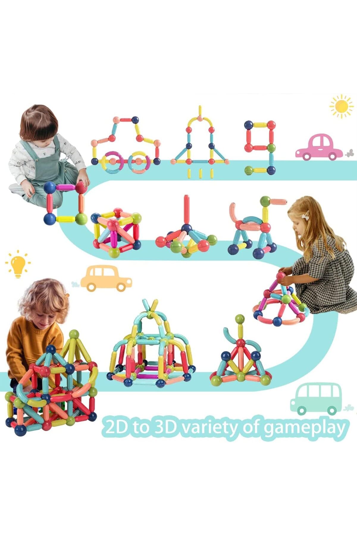 مجموعه توپها و میلههای مغناطیسی، اسباببازی آموزشی ساختنی مغناطیسی برای کودکان