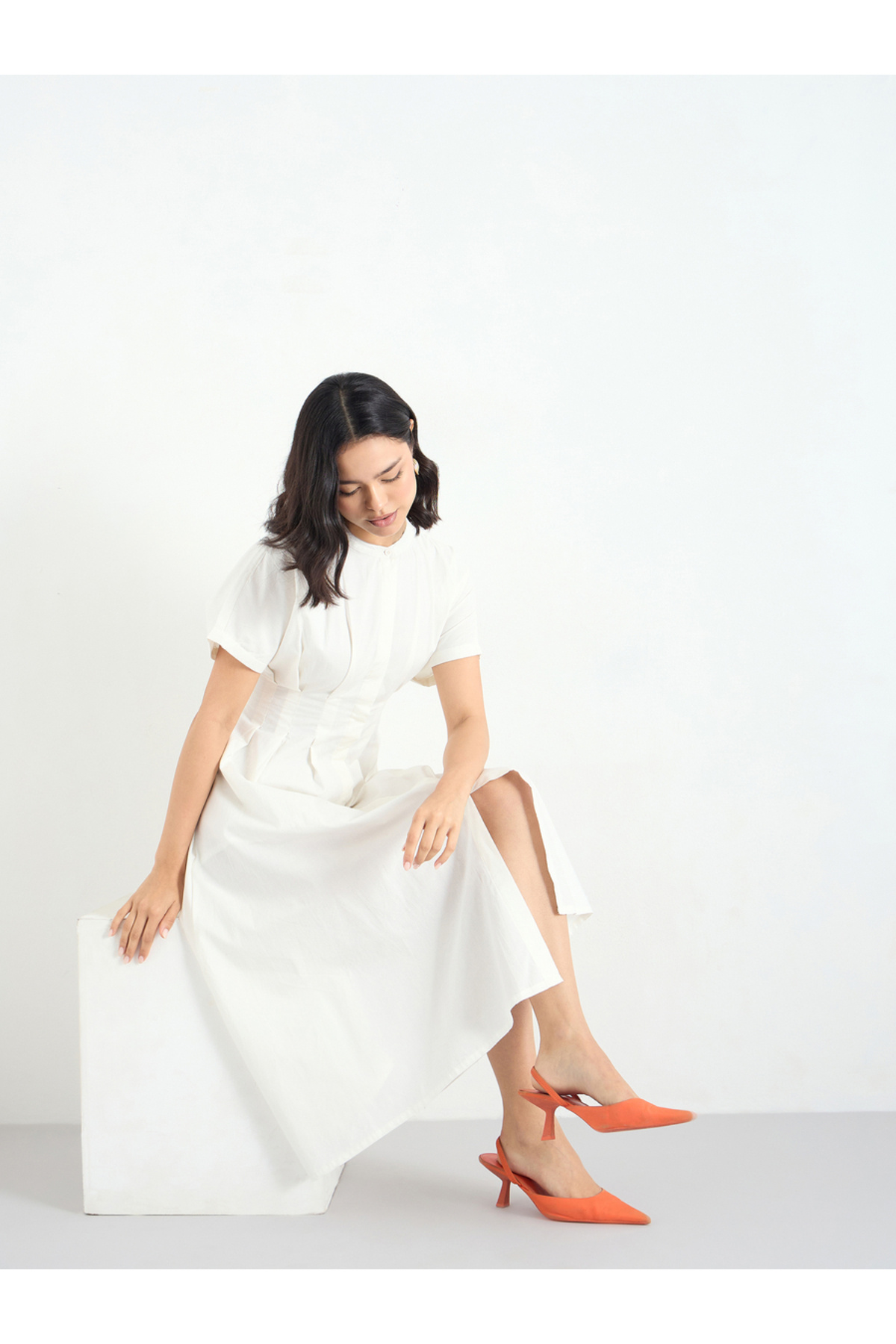 Styli White Shirt Midi Dress with Fold Pleated