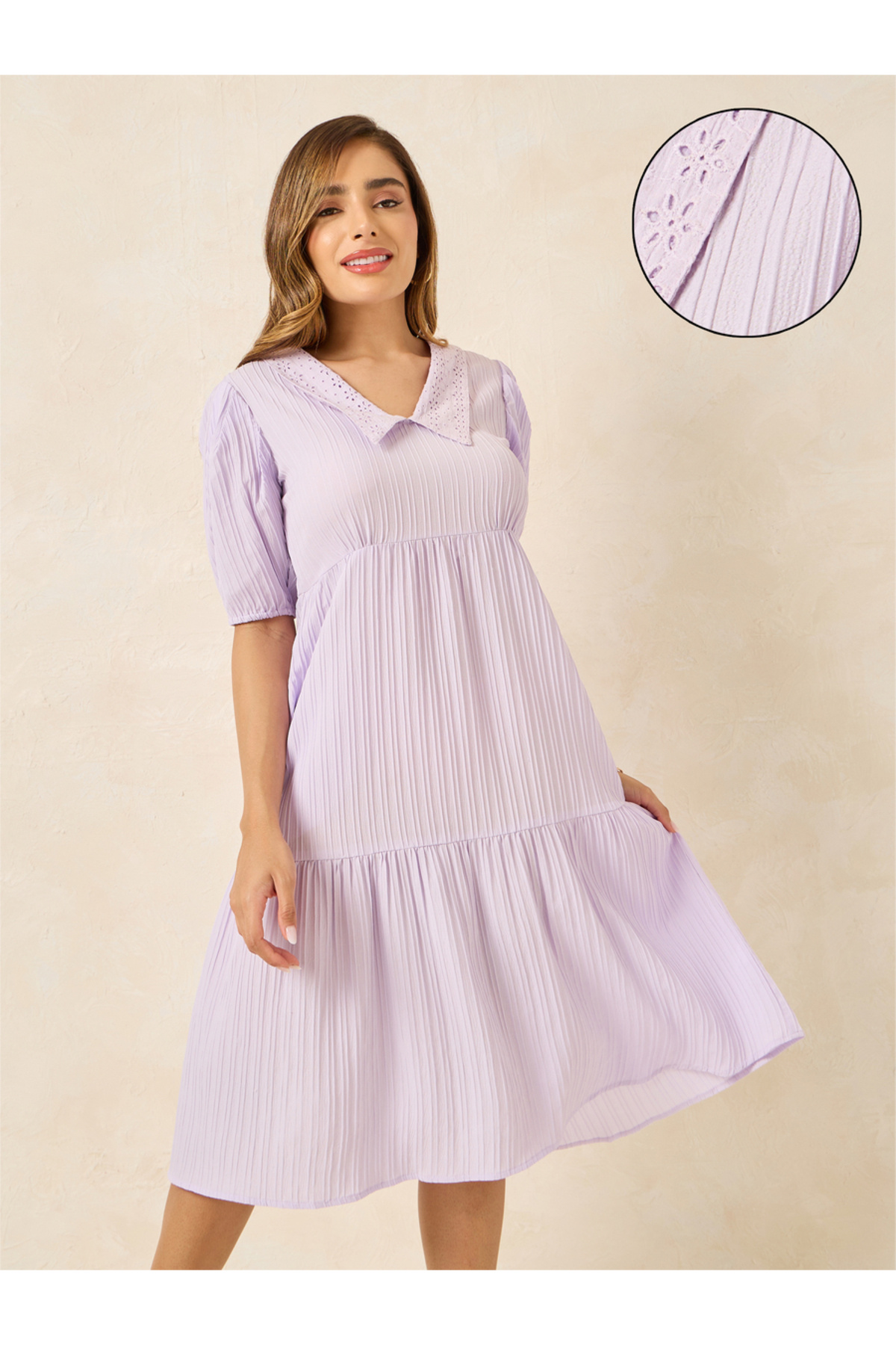 Styli Schiffli Collared Midi Dress with Cuffed Sleeve