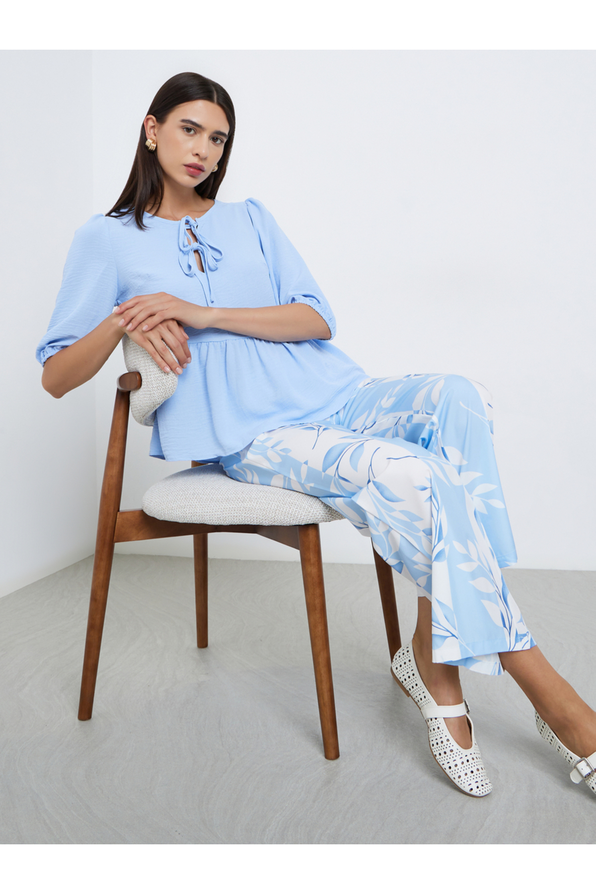 Take Two By Styli Blue Ruffle Hem Top and Floral Print Pants Co-Ords