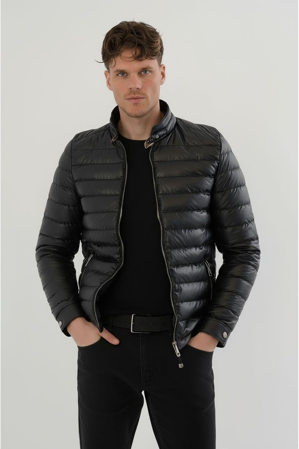 Erkek Siyah Slim Fit İçi Kalın Kürklü Su İtici Şişme Deri Ceket & Mont görsel 2