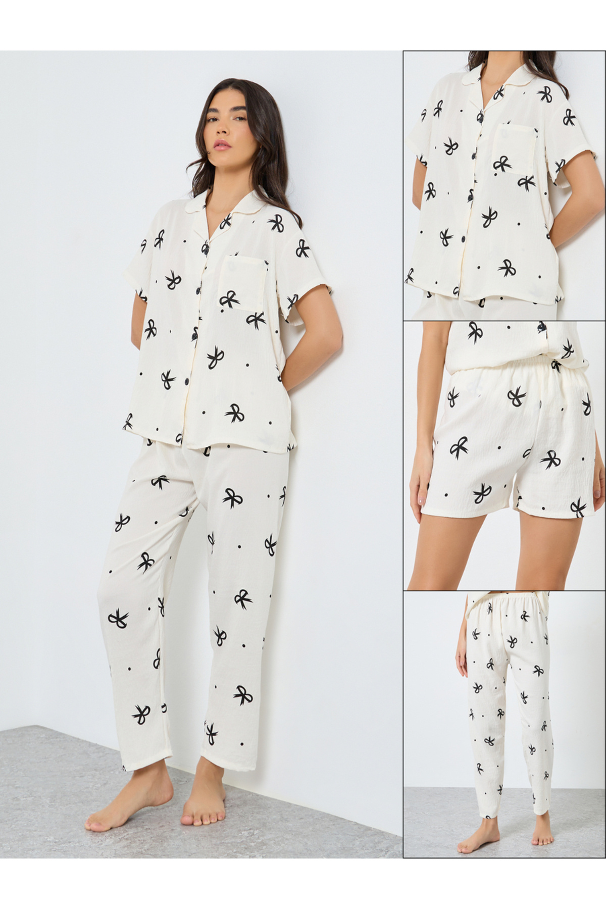 Take Two By Styli Pack of 3 - Bow Print Cotton Shirt, Shorts and Pyjama