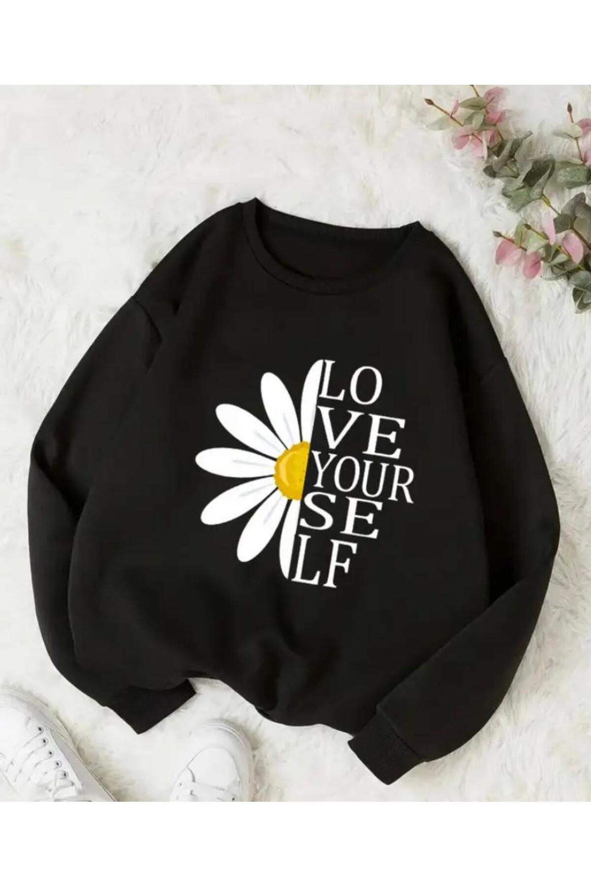 herkesemoda Daisy Print Detailed Crew Neck Sweatshirt with Fleece Inside