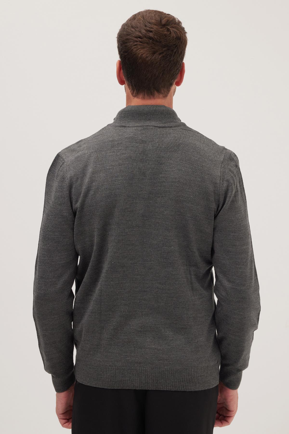 Tudors  Erkek Slim Fit Dar Kesim Gri Dik Yaka Fermuarlı Düz Hırka - Görsel 7