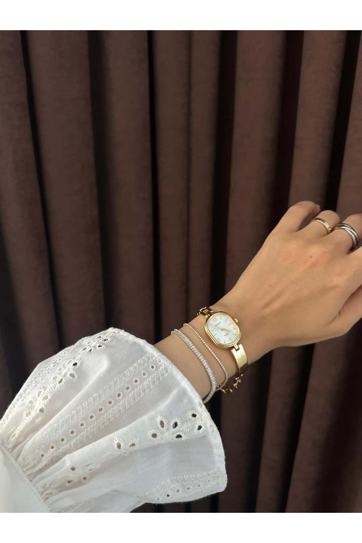 MERW Pera Model Gold Beyaz Renk Vintage Seri Metal Kordon Kadın Kol Saati görsel 7