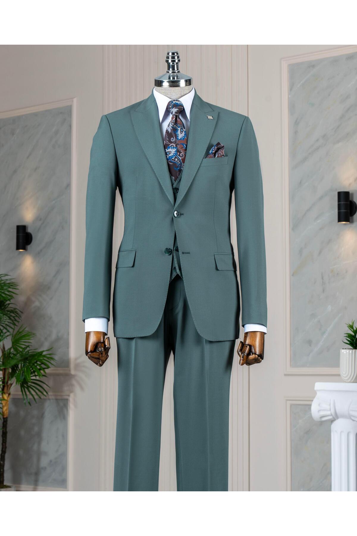 İtalyan stil slim fit ceket yelek pantolon takım elbise yeşil T14580 — سبز — تصویر 5 از 6