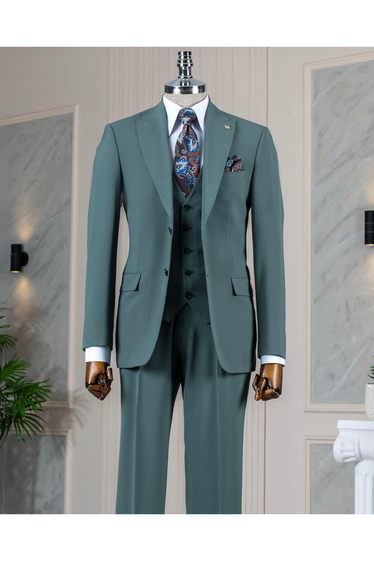 İtalyan stil slim fit ceket yelek pantolon takım elbise yeşil T14580 — سبز — تصویر 4 از 6