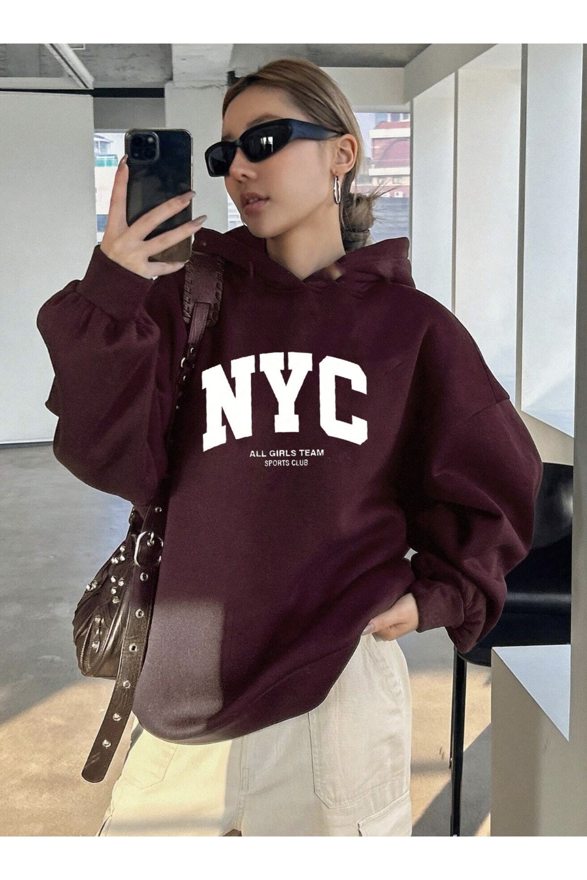 COHERENT  Unisex Erkek/Kadın NYC Renkli Özel Baskılı Pamuklu Oversize Kapüşonlu Sweatshirt