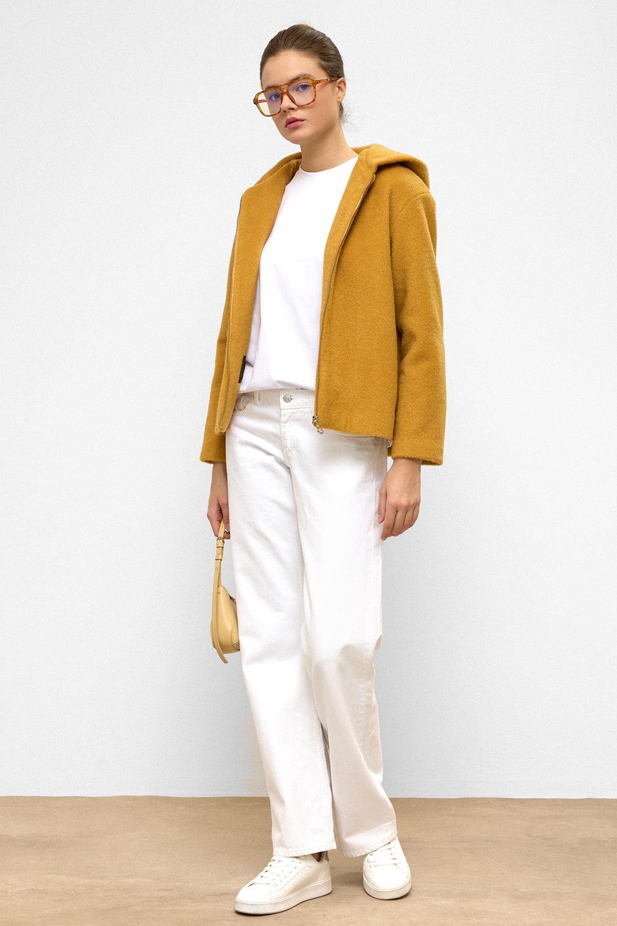 Olcay  Kapüşonlu Fermuar Detaylı Oversize Kısa Kaban HARDAL 3130 - Görsel 4