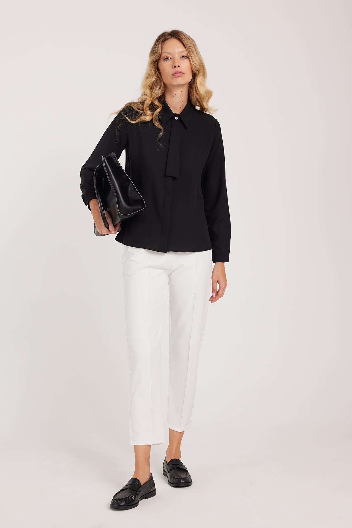 Tudors  Kadın Relax Fit Rahat Kesim Yüksel Bel Düz Paça Beli Lastikli Beyaz Pantolon - Görsel 3