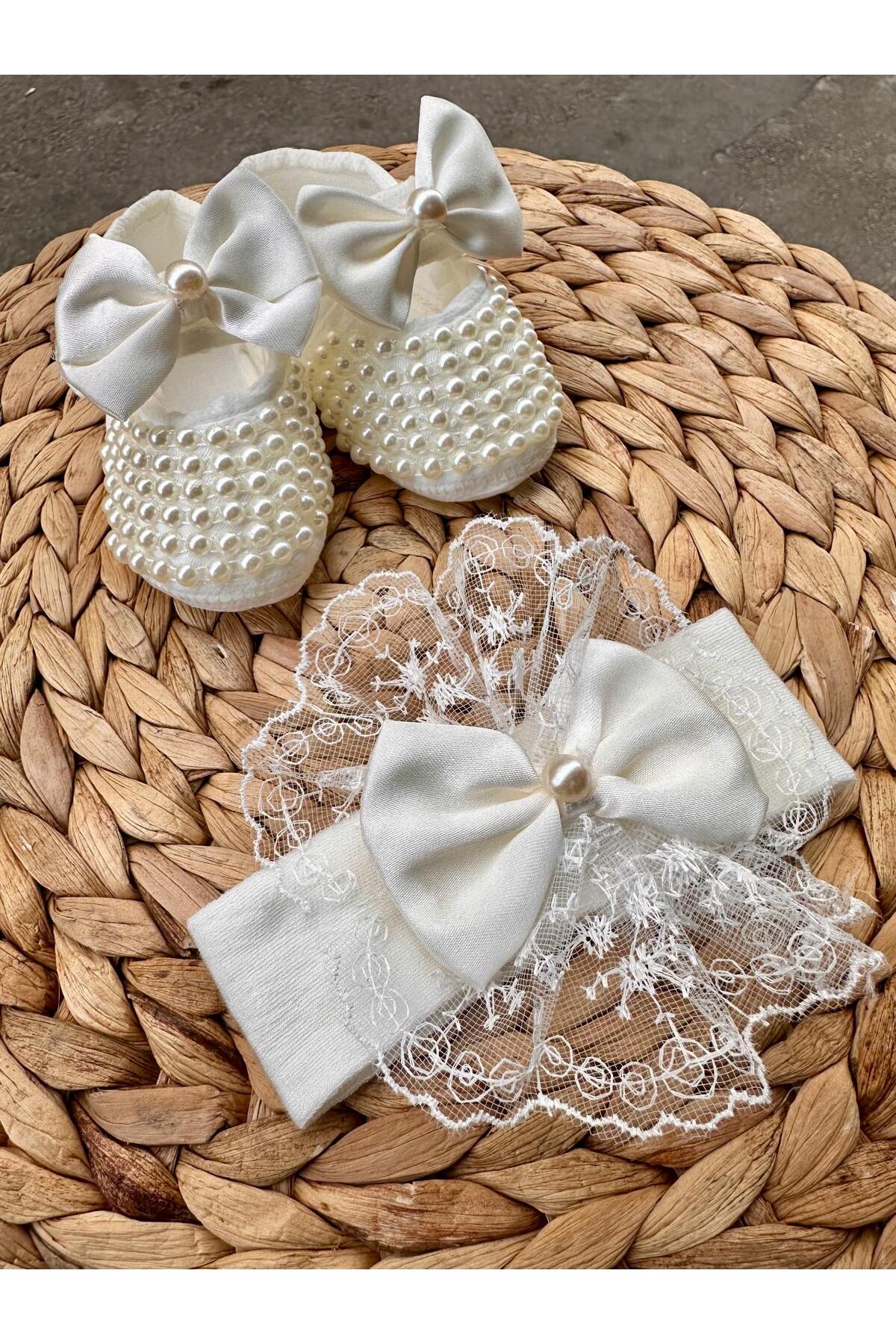 Harry&Millie Kız Bebek Fiyonk Detay Parlak Incili patik dantelli bandana set 10cm Hediyelik Patik Lüx Cırtcıtlı fotoğrafı 3 (önizleme)