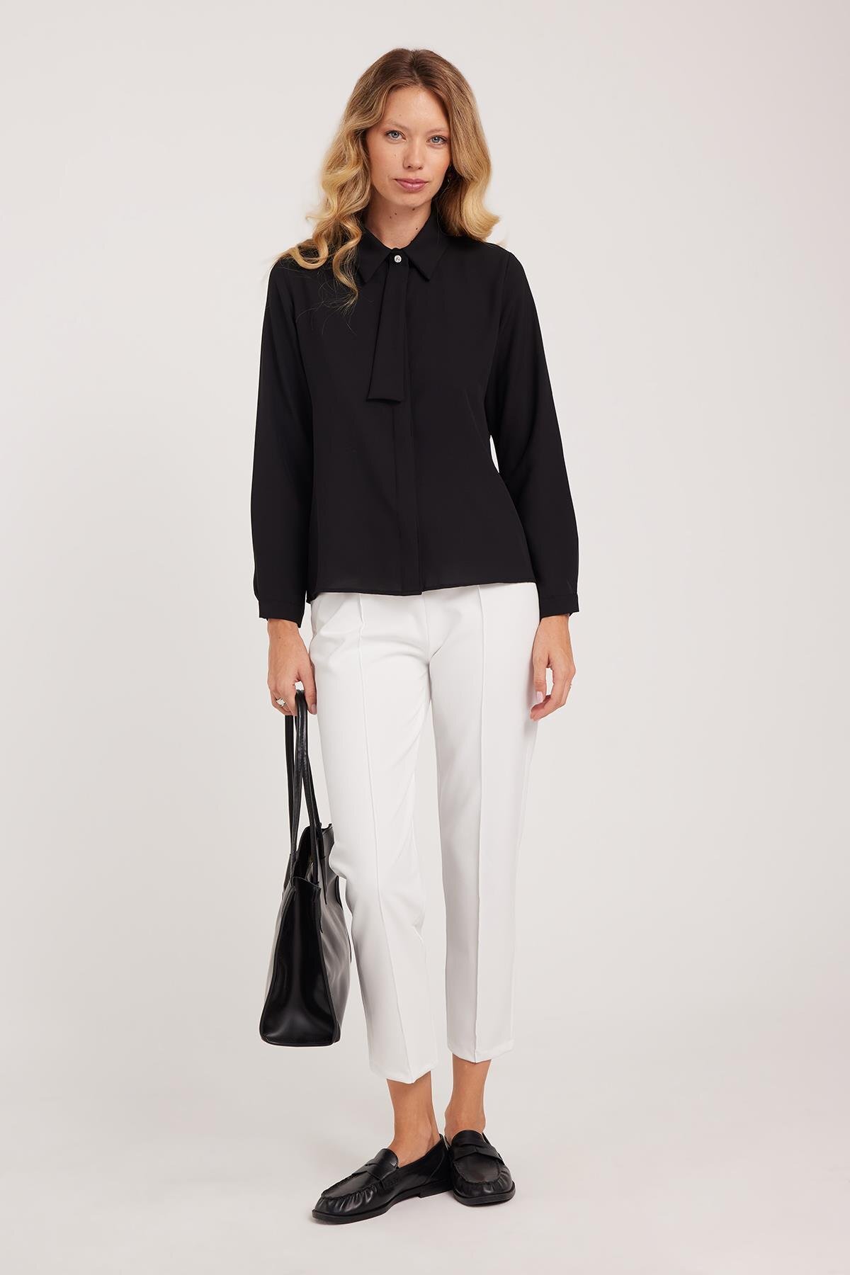 Tudors  Kadın Relax Fit Rahat Kesim Yüksel Bel Düz Paça Beli Lastikli Beyaz Pantolon - Görsel 6