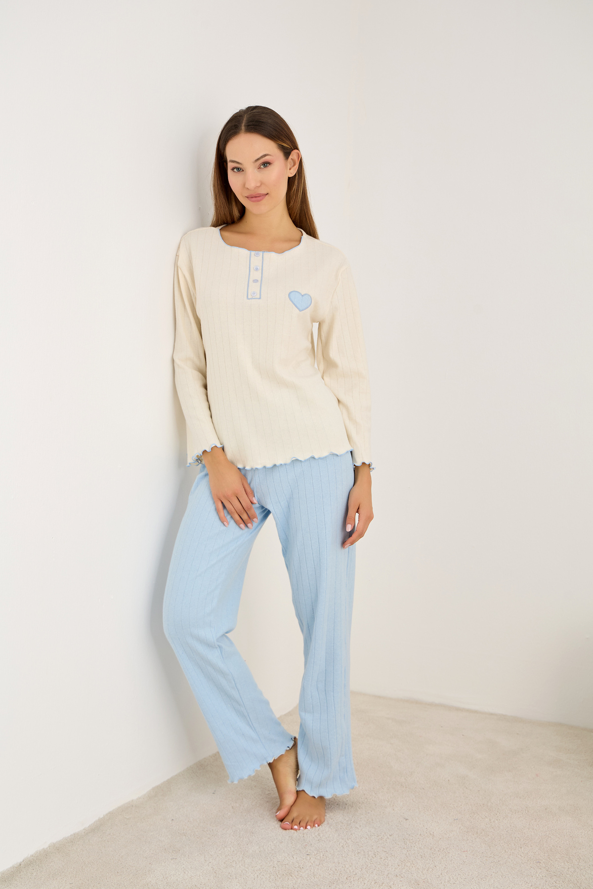 Siyah İnci  mavi kalp nakışlı Örme İnterlok Pijama Takım25226009 - Görsel 2