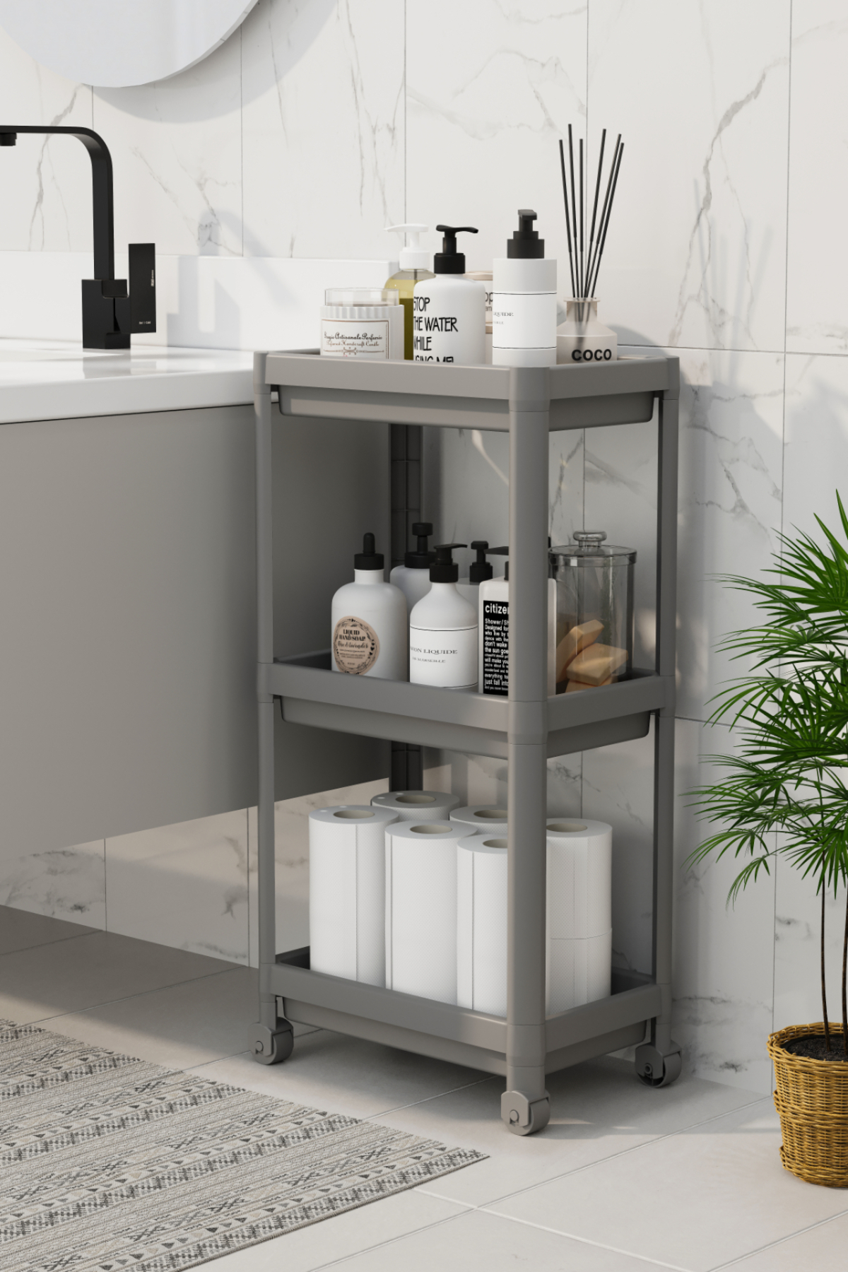3-Tier Bathroom Shelf Unit (PEGGY) Gray Bathroom Organizer Towel Rack Cabinet with Shampoo (GRAY)