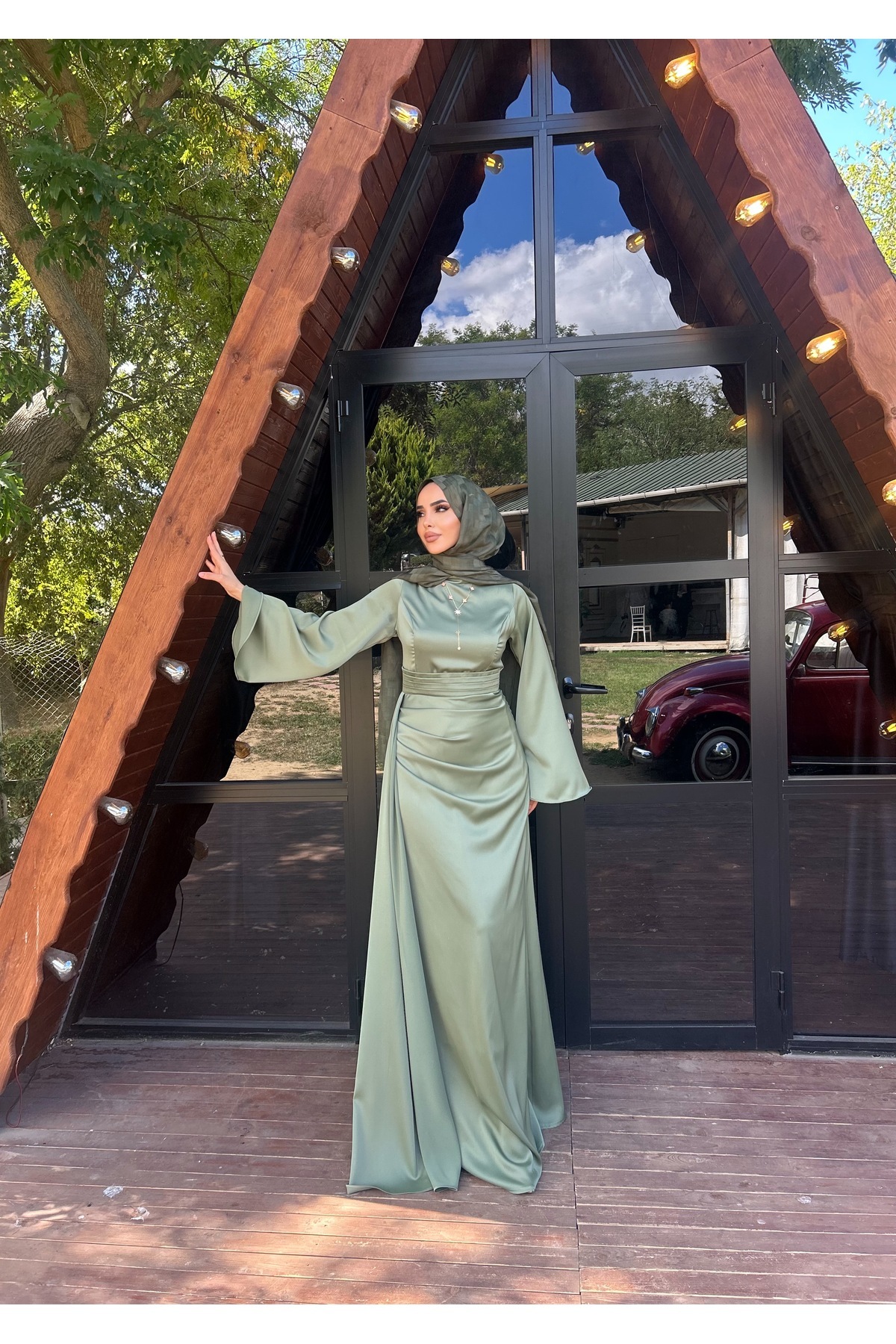 ENKA BUTİK Zeyna İspanyol Kol Kuyruklu Saten Tesettür Abiye