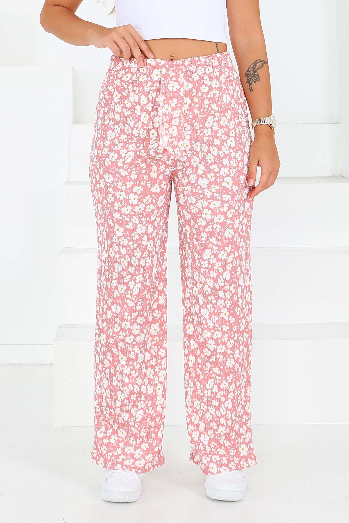 TOFİSA Desenli Beli Lastikli Bürümcük Pantolon Gul Kurusu - 27677