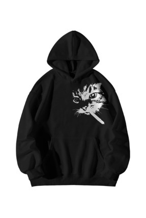 Calvin Jones Unisex Siyah Oversize Hoodie - Cigarette Cat Baskılı Kanguru Cep...