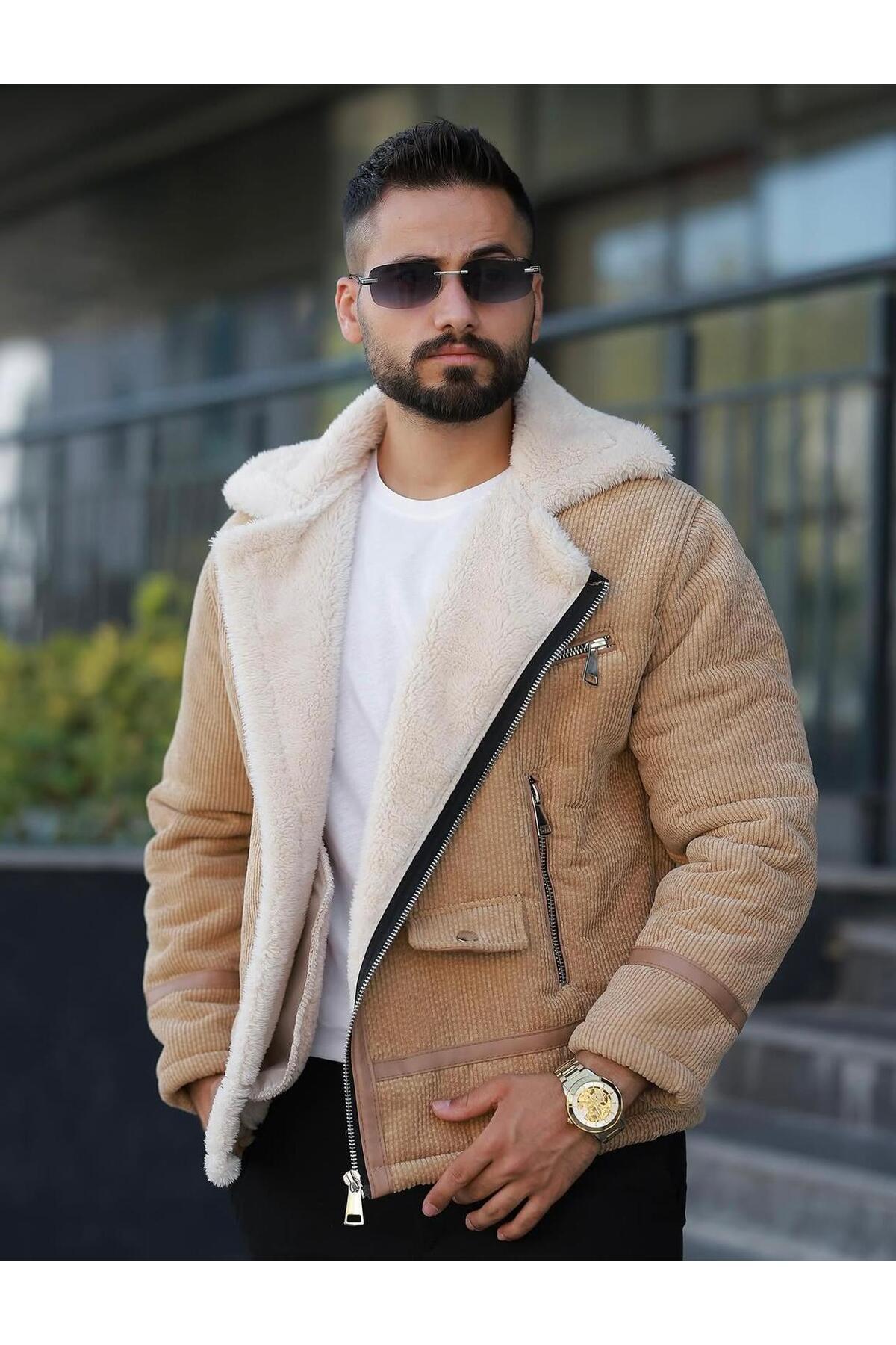 پالتو مردانه مخمل آستردار خزدار مخصوص فصل جدید — بژ KÜRK01 — تصویر 2 از 4