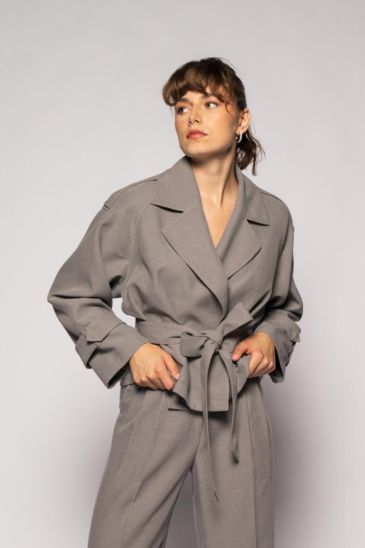 Women's Gray Belted Short Trench Coat