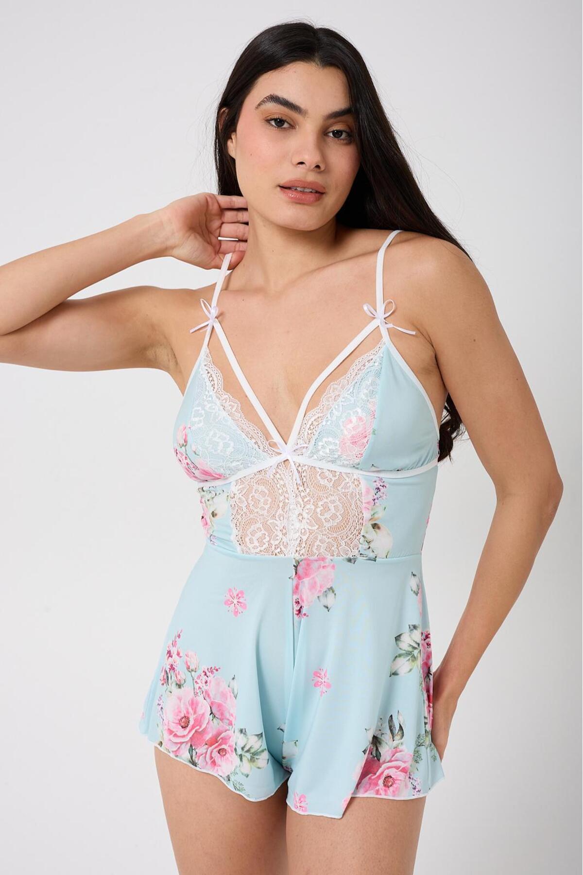 KADİRCE Romantik Çiçek Desenli Tulum Gecelik