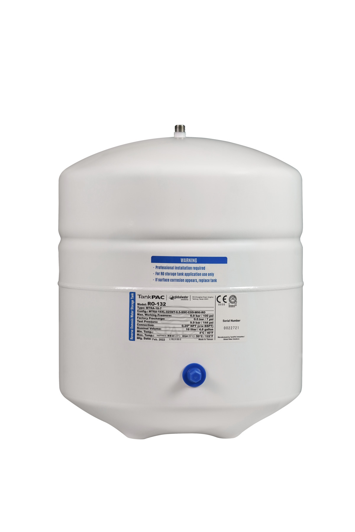 watalina PAE RO-132 4,8 Galon (18 Litre) Ters Ozmoz Su Depolama Tankı – Orta-Yüksek Kapasiteli Basınçlı Tank