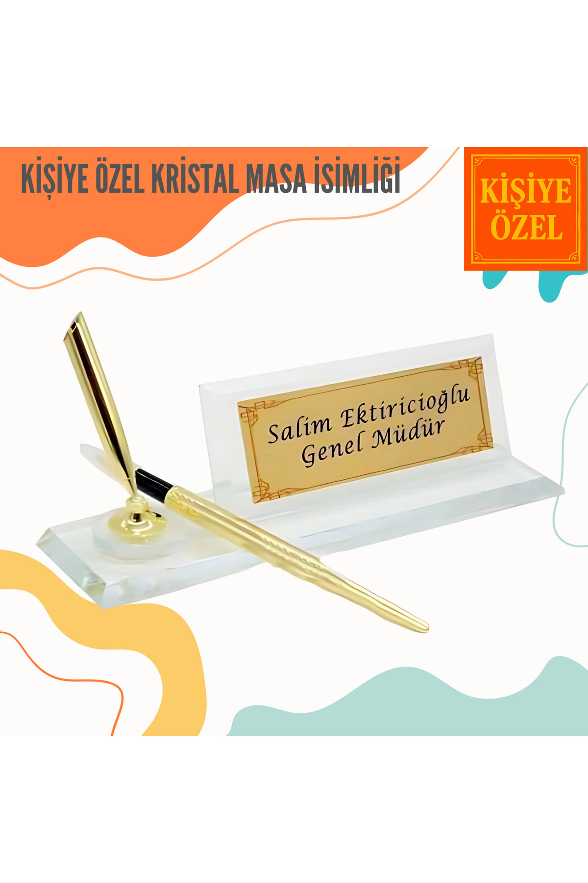 Gülefli Kızı Kişiye Özel İsimli Kristal Cam Kalemli Masa İsimliği