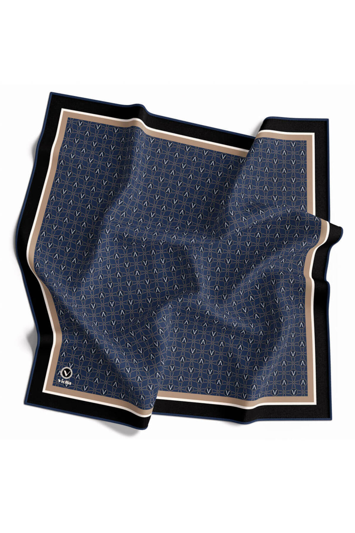 VİOLLA Twill V Desenli Lacivert Renkli 90x90 Eşarp (İpek İçermez) Dikim Şekli : El Dikişi