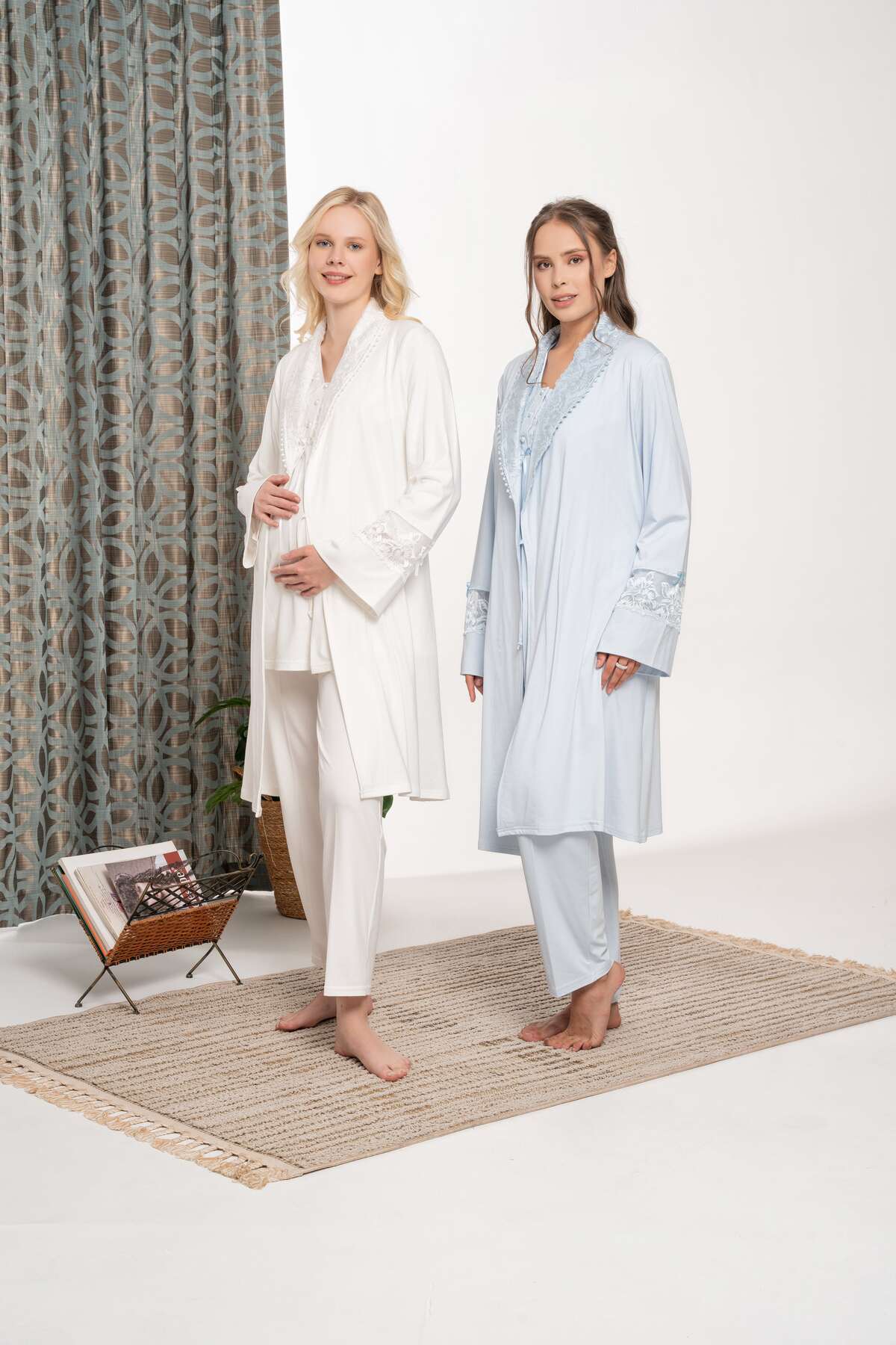 Lohussa Kadın Mavi Şal Yaka Dantel Detaylı Kışlık Özel Tasarım Hamile Lohusa Sabahlık Pijama Takımı Seti