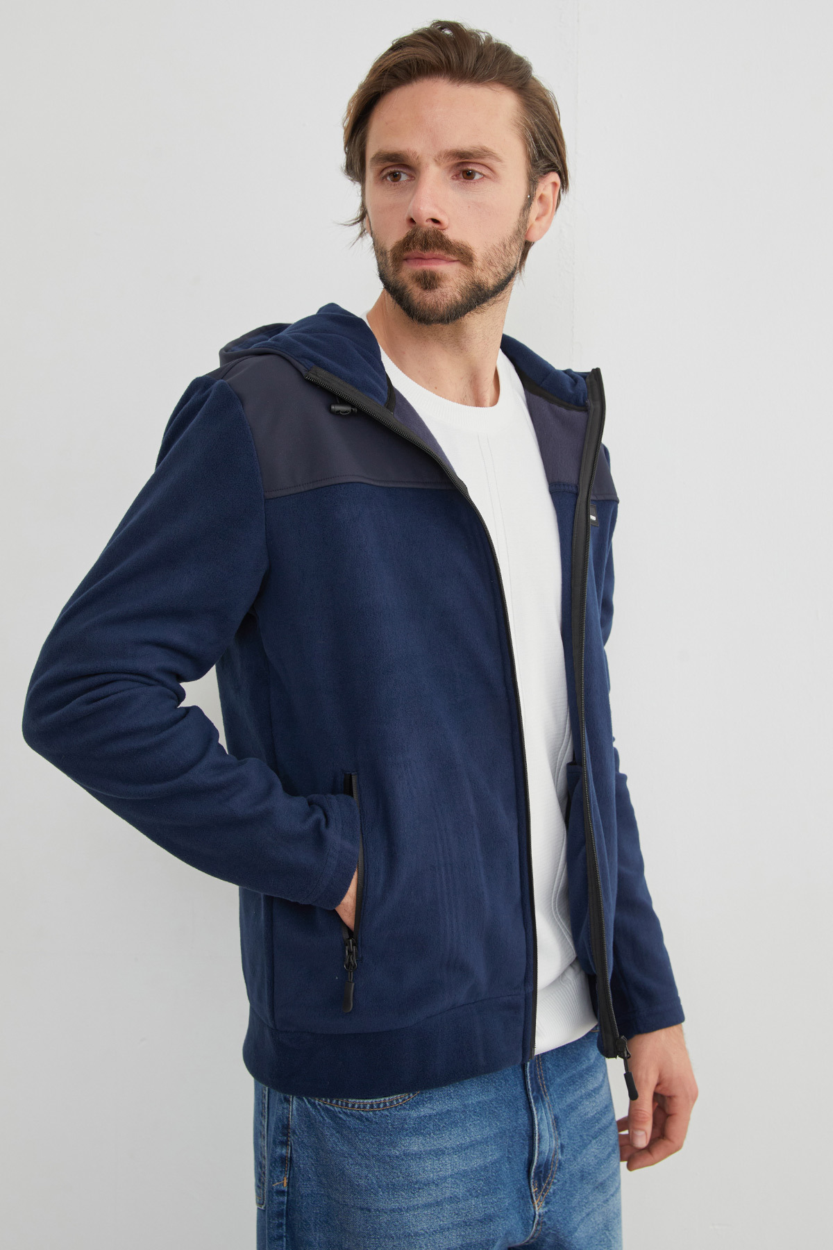 Armalı Kapüşonlu Fermuarlı Polar Ceket — سرمه‌ای 26KERK5258131992 — تصویر 3 از 8