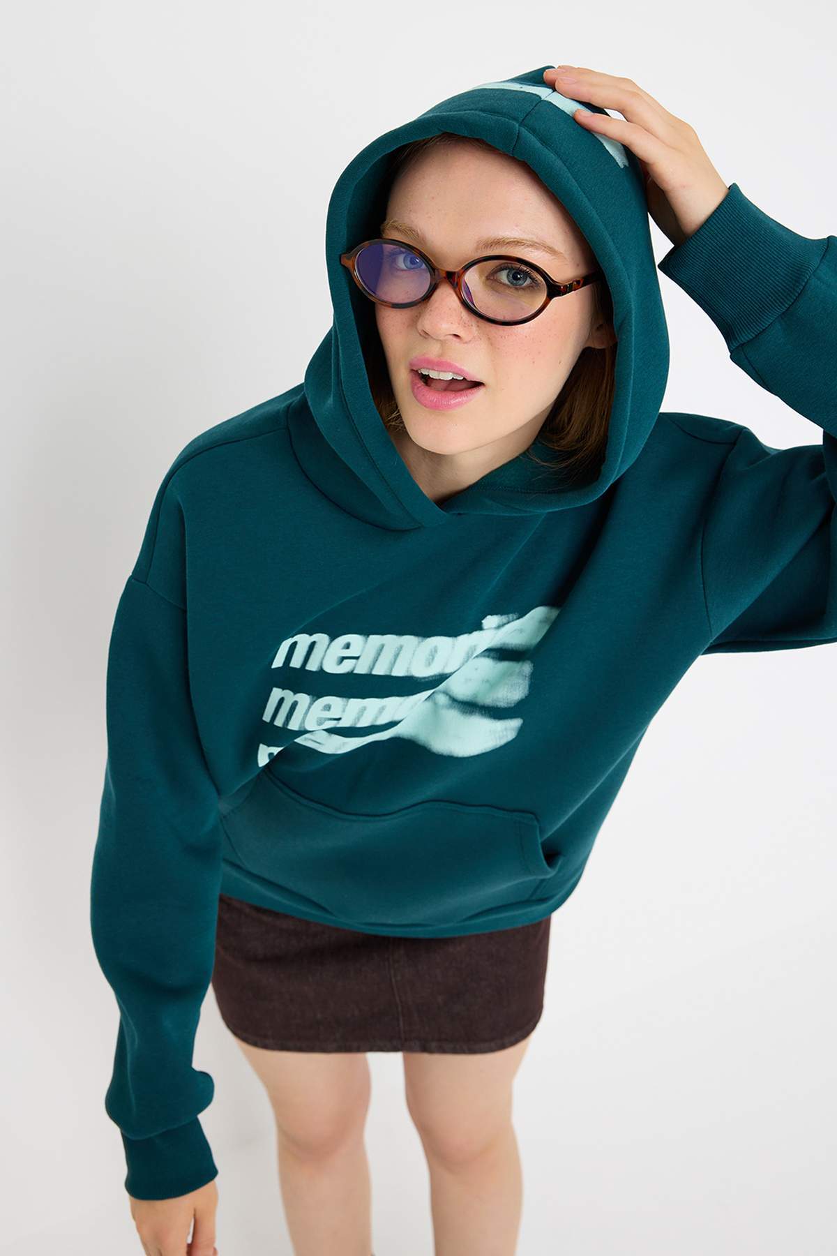 Trendyolmilla  Petrol Teen Oversize/Geniş Kalıp Slogan Baskılı Kalın İçi Polarlı Örme Sweatshirt TWOAW26SW00125