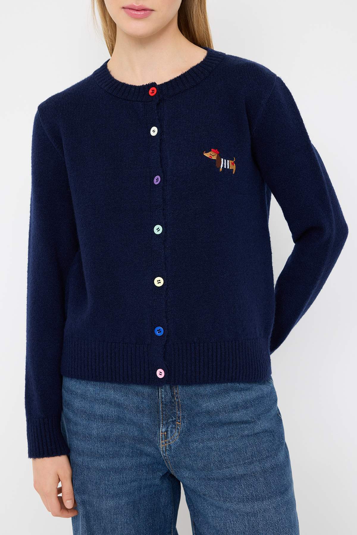 Trendyolmilla  Lacivert Bisiklet Yaka Yumuşak Dokulu Köpek Nakışlı Triko Hırka TWOAW26HI00274 - Görsel 3