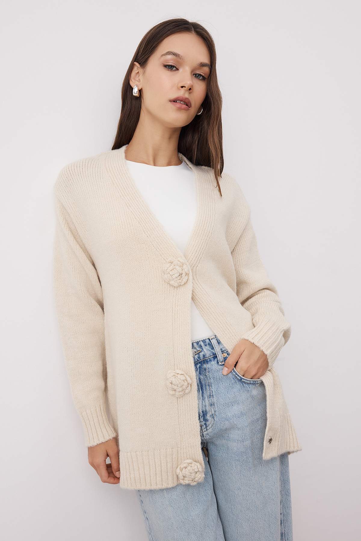 Trendyolmilla Modest Taş Düz Çift Plaka Triko TCTAW26TH00008