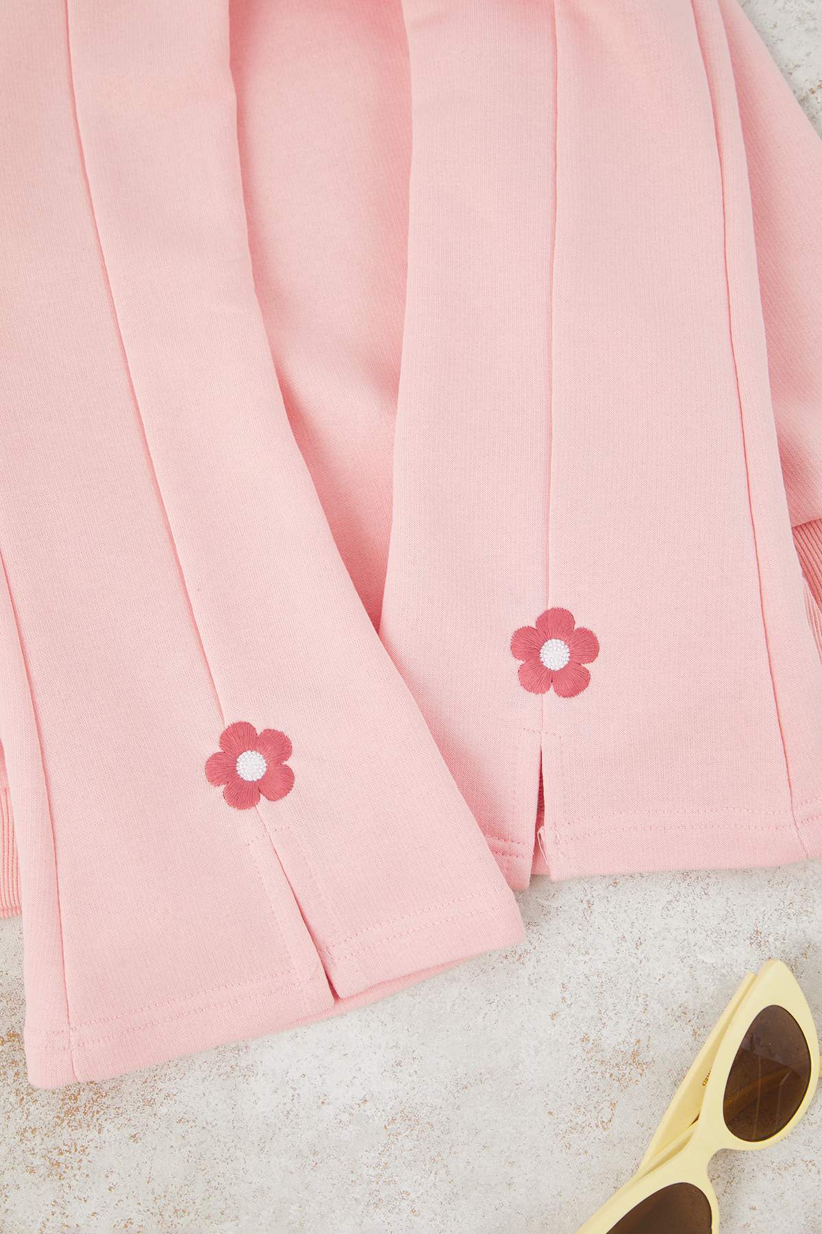 TRENDYOLKIDS Light Pink Cotton Floral Regular Girl's Knitted Bottom - Top Set Tkdaw26Au00011